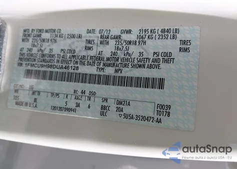 2013 Ford Escape Sel from USA, damaged, VIN 1FMCU9H98DUA46128